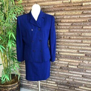Jones New York Royal Blue Double Breasted 100% Wool Professional Skirt Suit